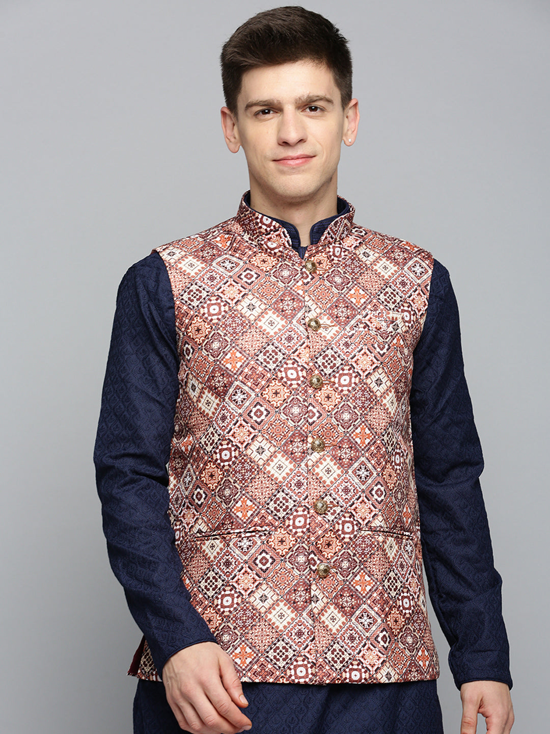 Men Mandarin Collar Printed Brown Nehru Jacket