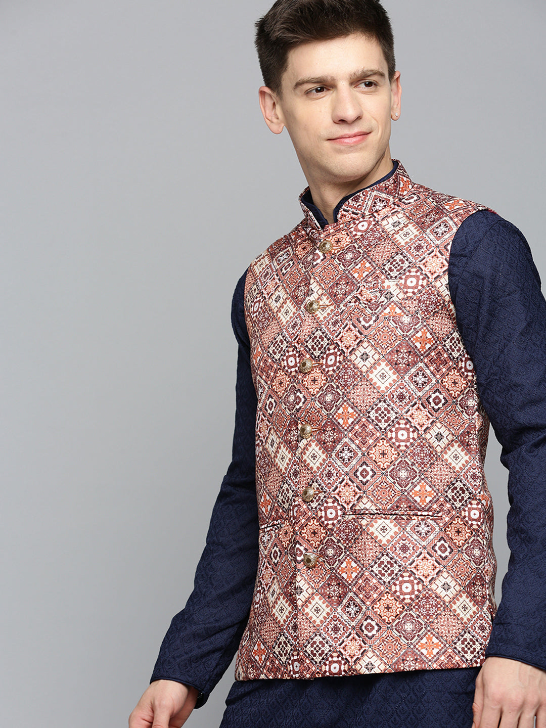 Men Mandarin Collar Printed Brown Nehru Jacket