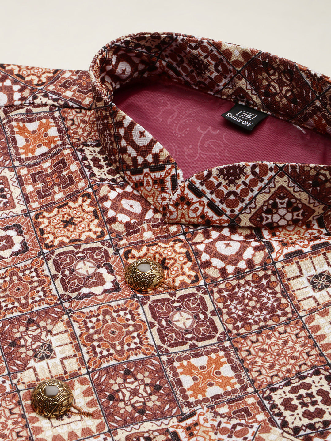 Men Mandarin Collar Printed Brown Nehru Jacket