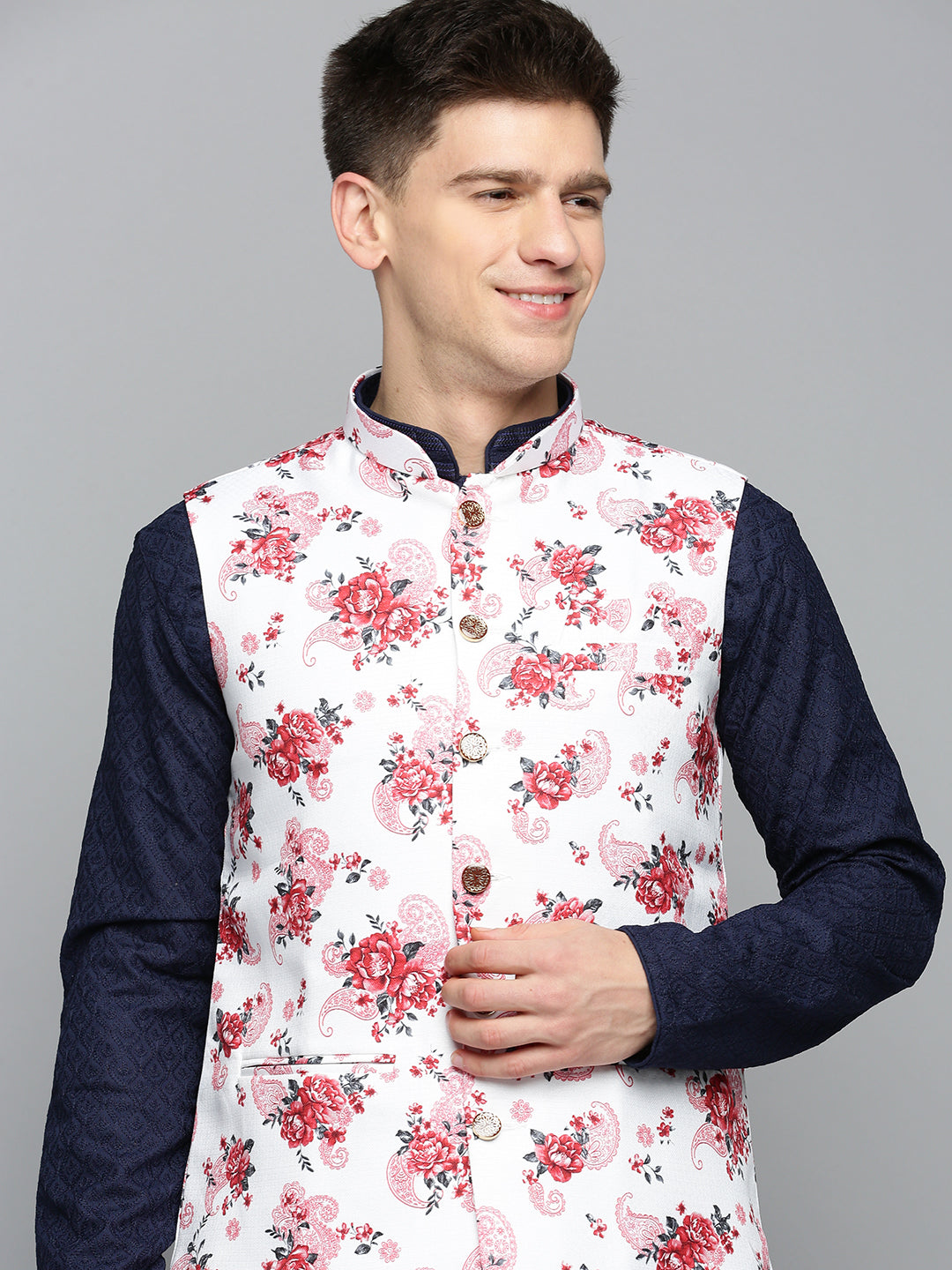 Men Mandarin Collar Printed White Nehru Jacket