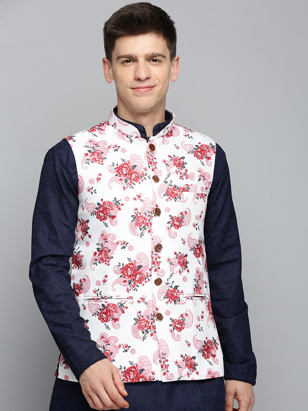 Men Mandarin Collar Printed White Nehru Jacket