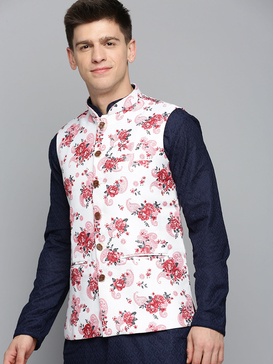 Men Mandarin Collar Printed White Nehru Jacket