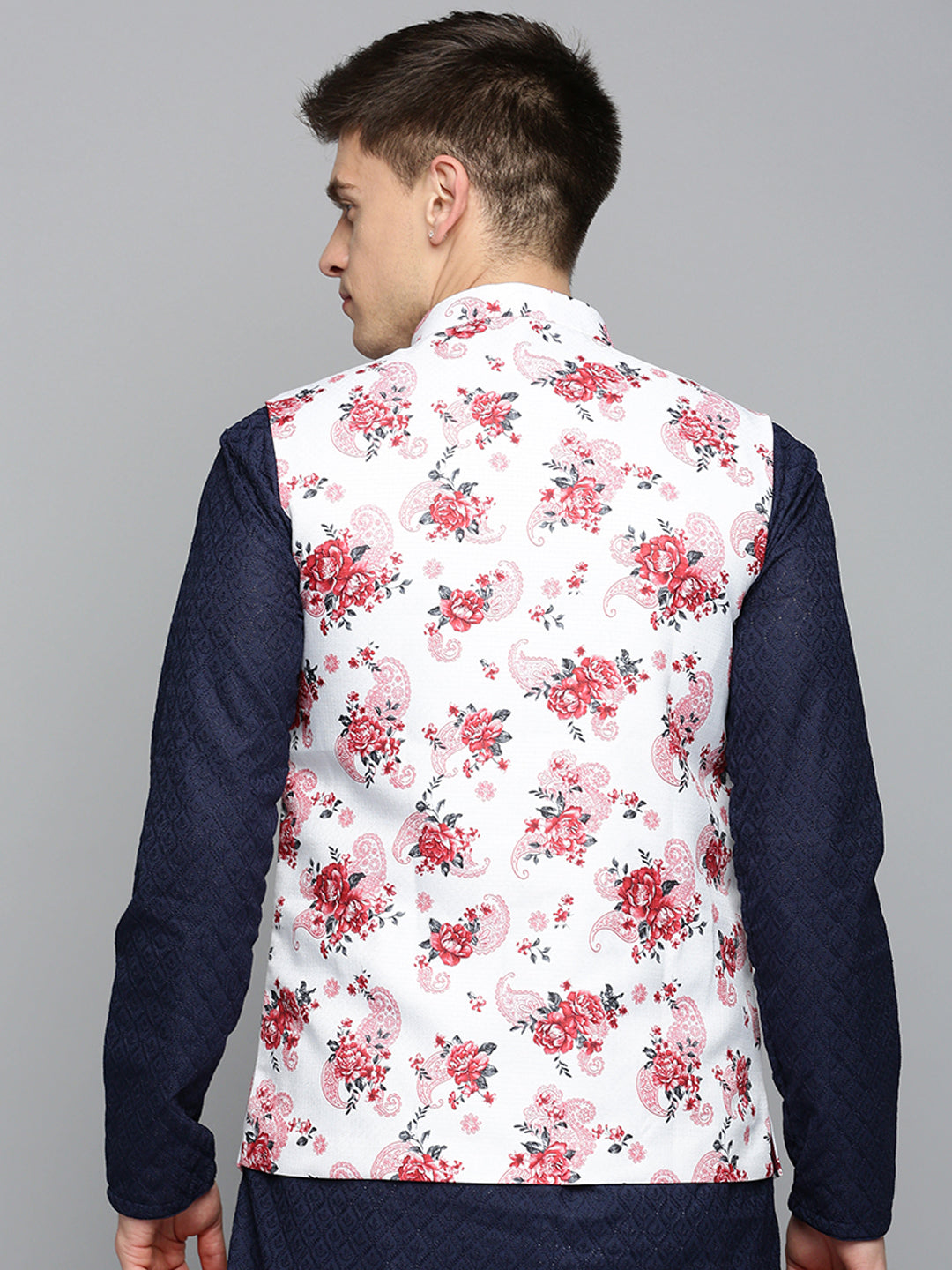 Men Mandarin Collar Printed White Nehru Jacket