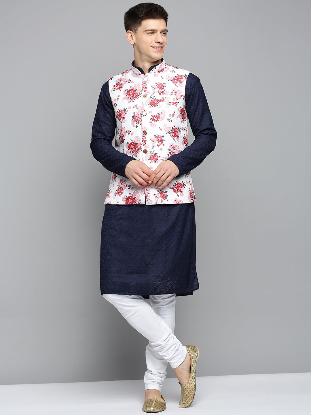 Men Mandarin Collar Printed White Nehru Jacket