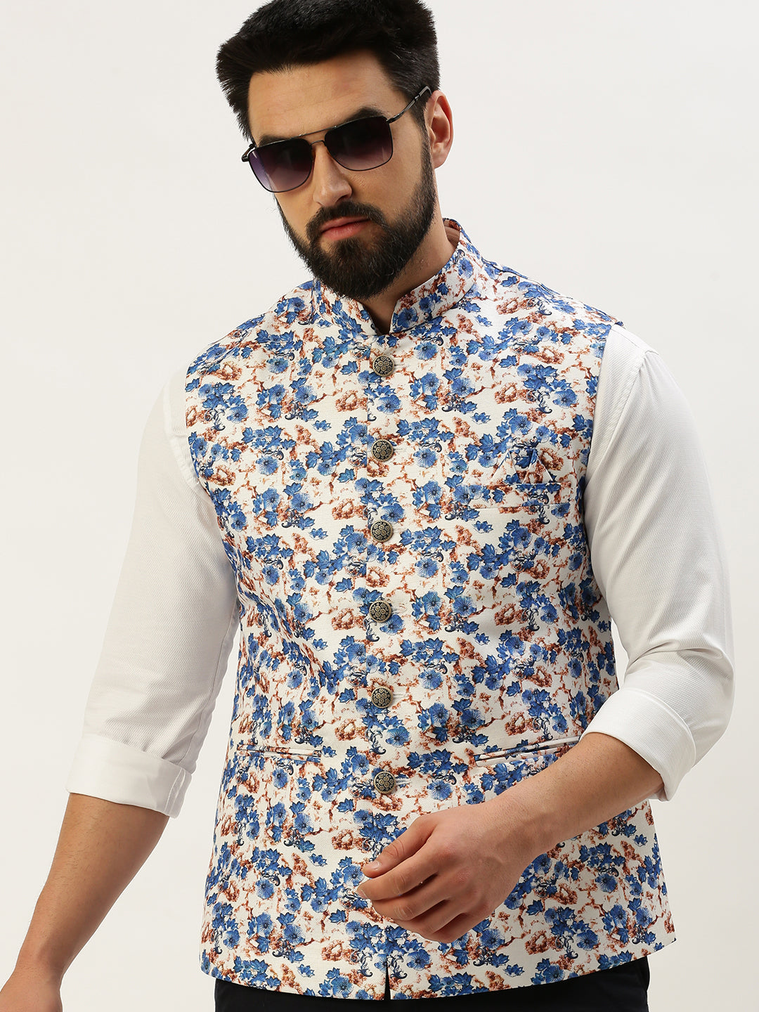 Men Mandarin Collar Printed Blue Nehru Jacket