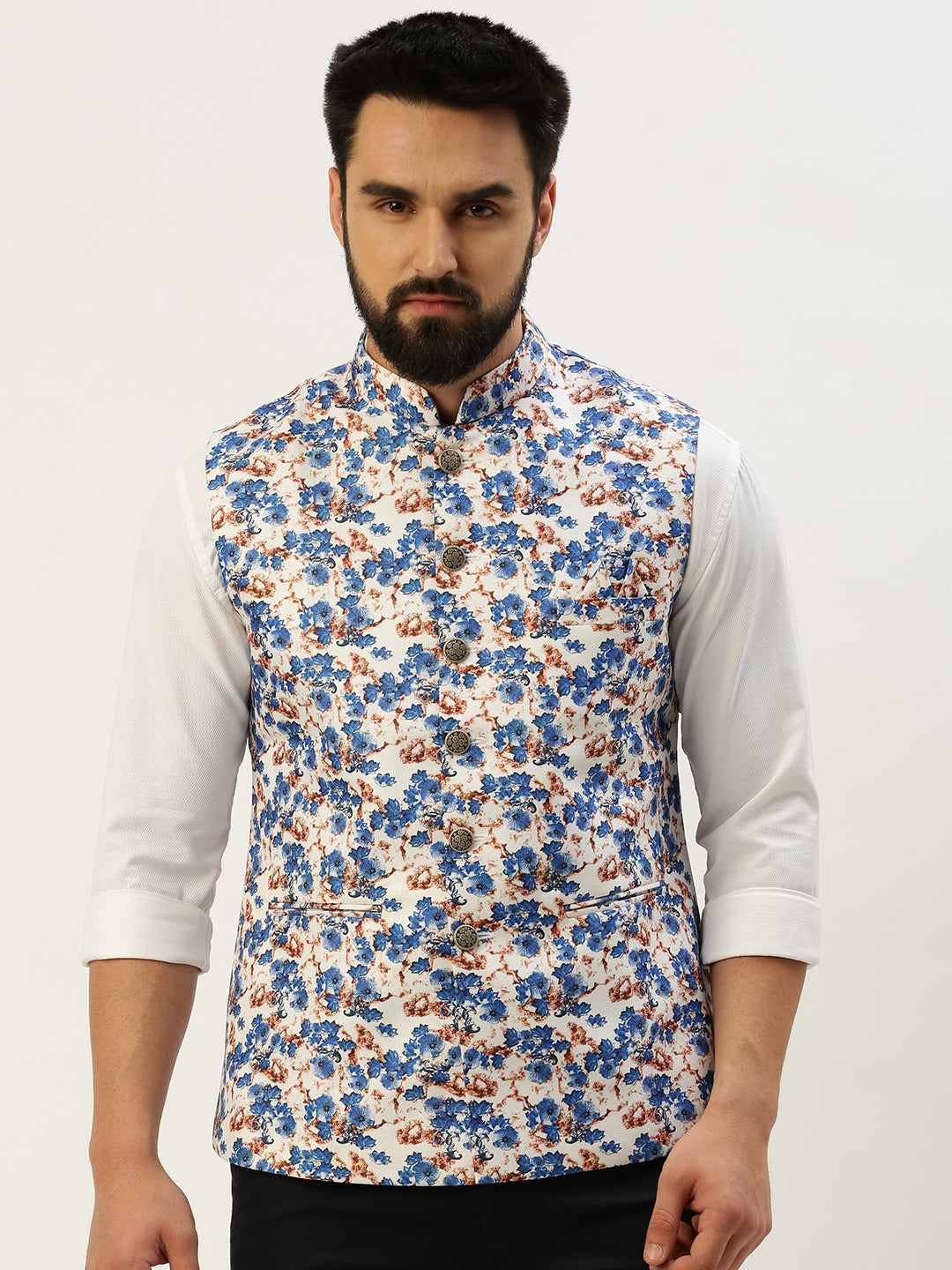 Men Mandarin Collar Printed Blue Nehru Jacket