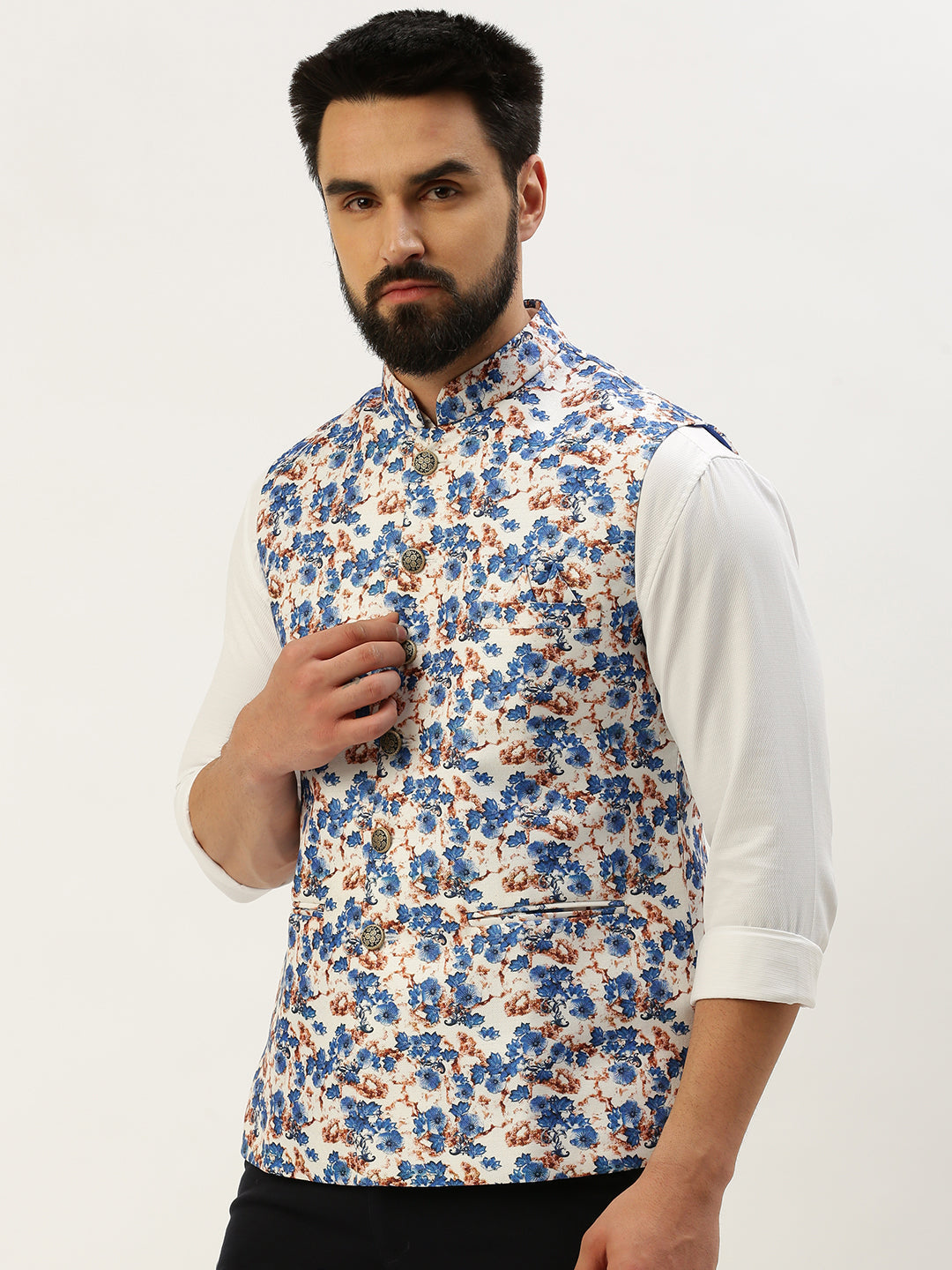 Men Mandarin Collar Printed Blue Nehru Jacket