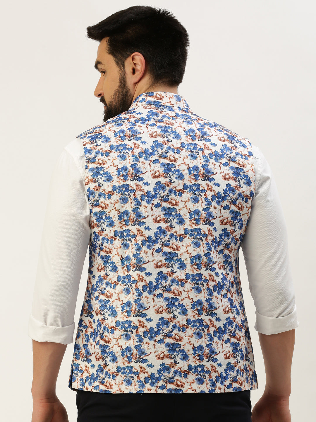 Men Mandarin Collar Printed Blue Nehru Jacket