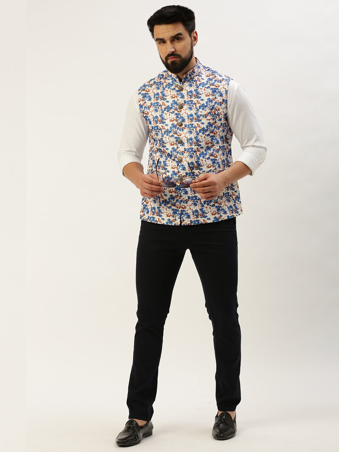 Men Mandarin Collar Printed Blue Nehru Jacket