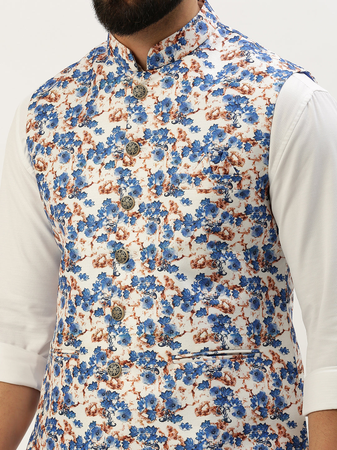 Men Mandarin Collar Printed Blue Nehru Jacket