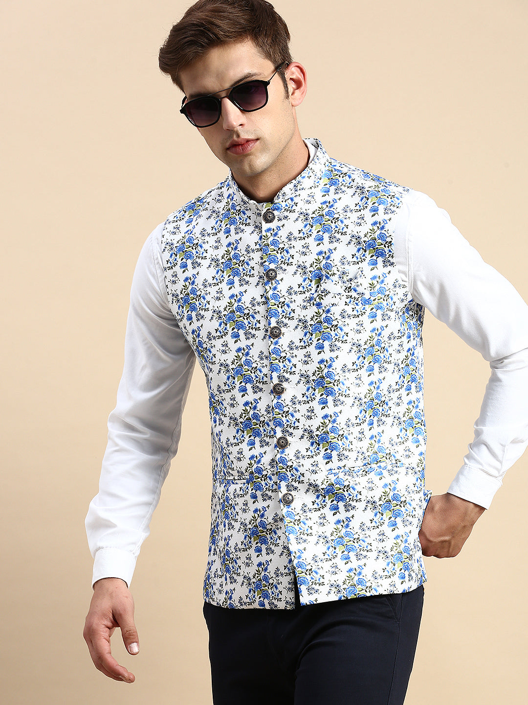 Men Mandarin Collar Printed White Nehru Jacket