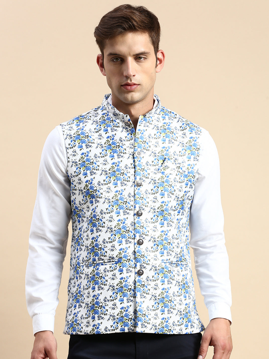 Men Mandarin Collar Printed White Nehru Jacket