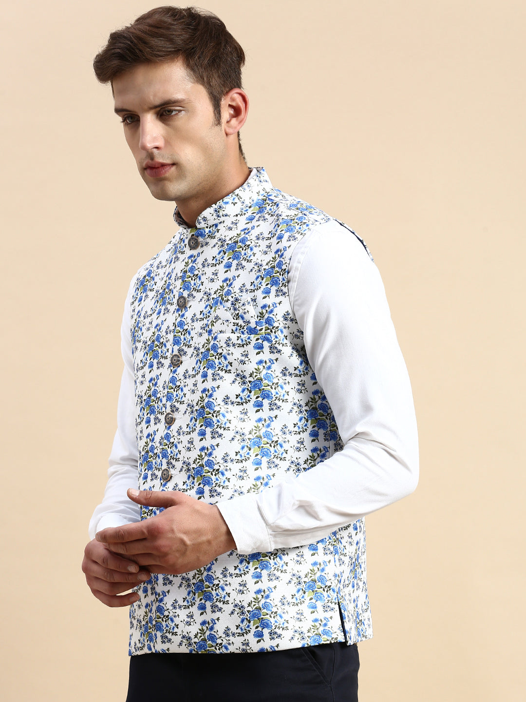 Men Mandarin Collar Printed White Nehru Jacket