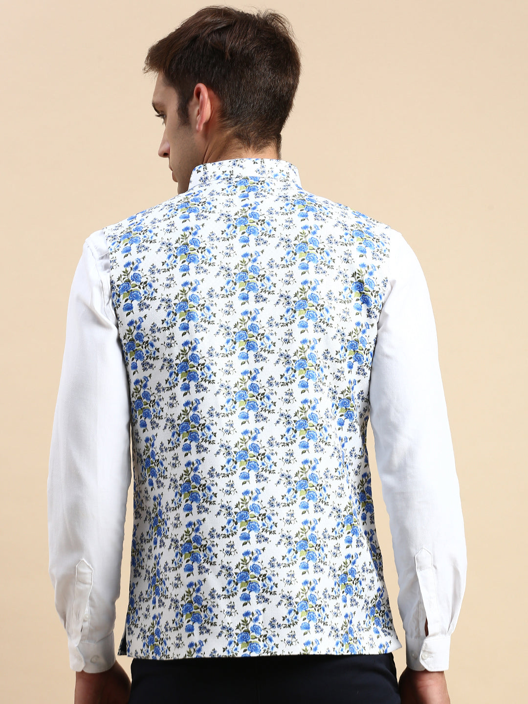 Men Mandarin Collar Printed White Nehru Jacket