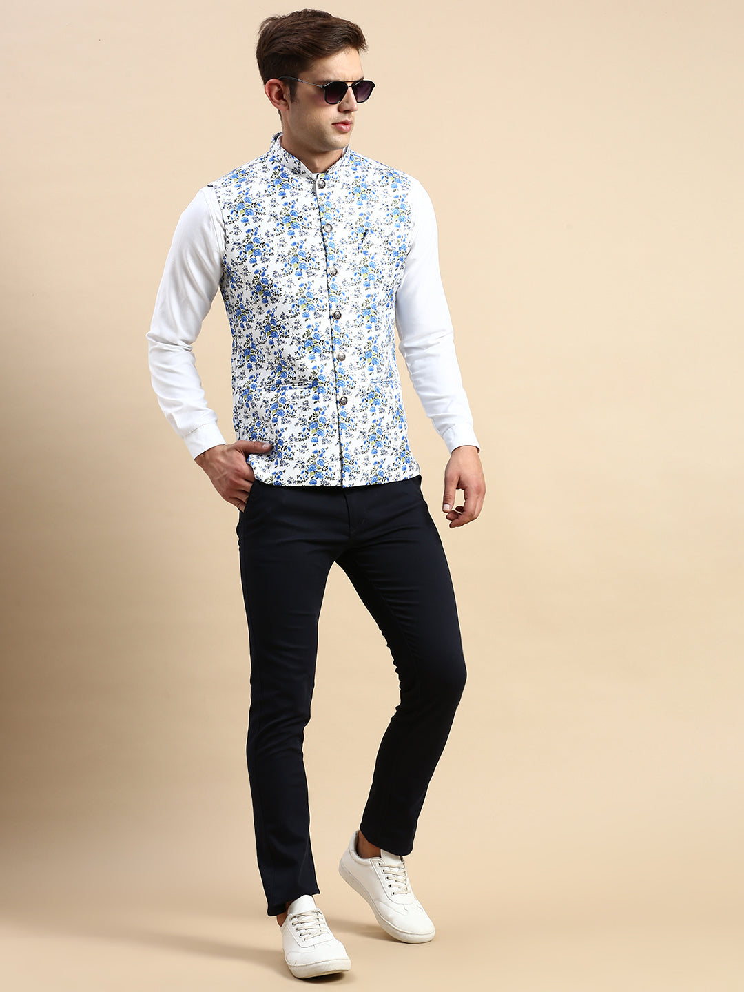 Men Mandarin Collar Printed White Nehru Jacket