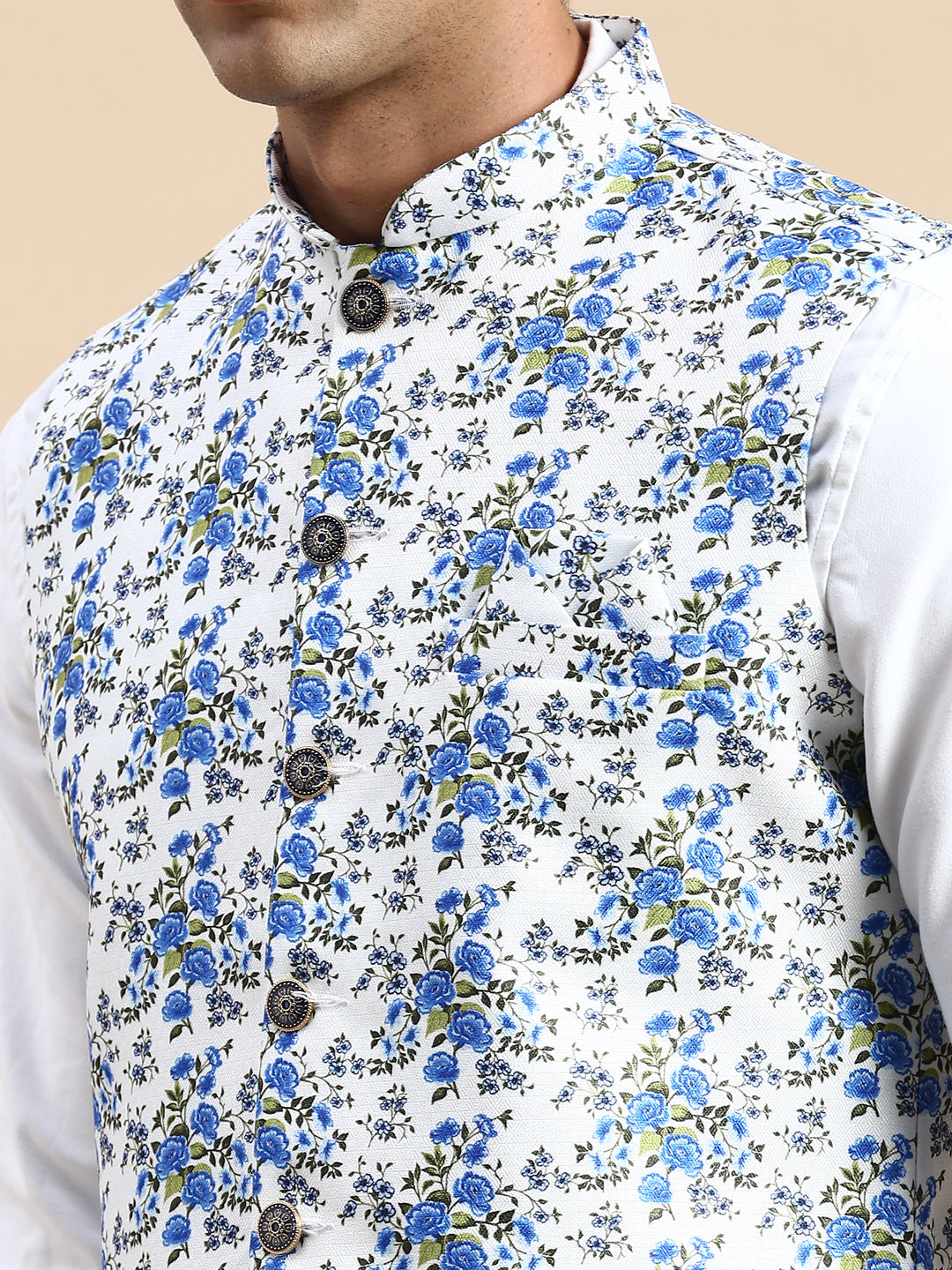 Men Mandarin Collar Printed White Nehru Jacket