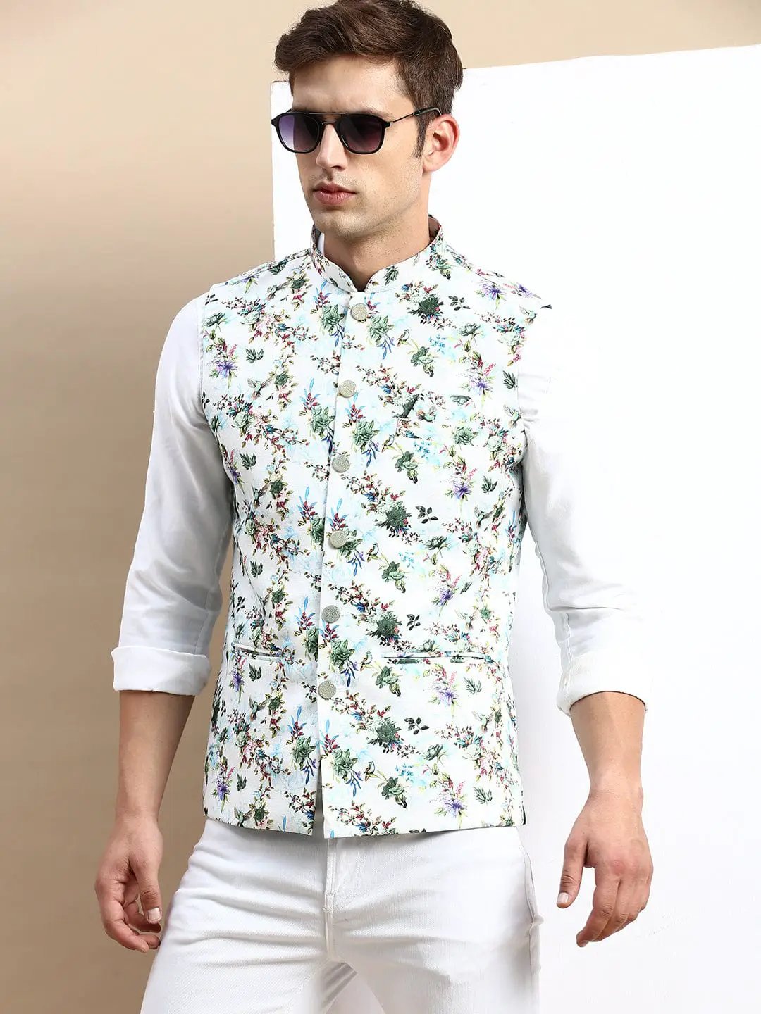 Men's Mandarin Collar Printed Multi Nehru Jacket