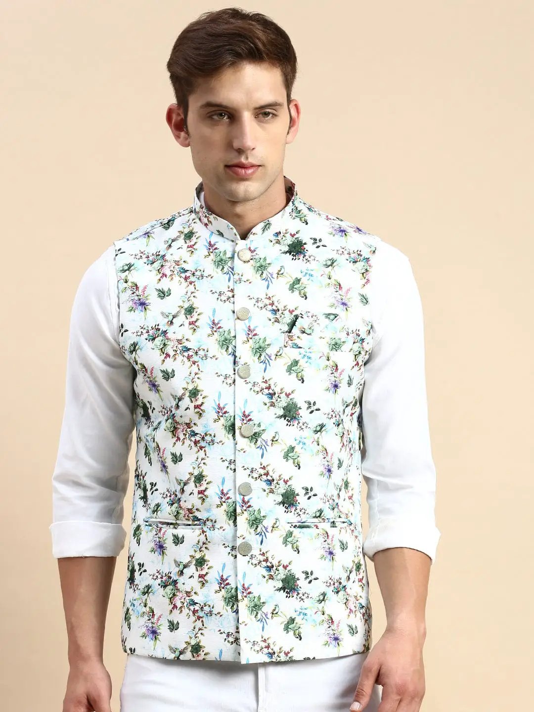 Men's Mandarin Collar Printed Multi Nehru Jacket