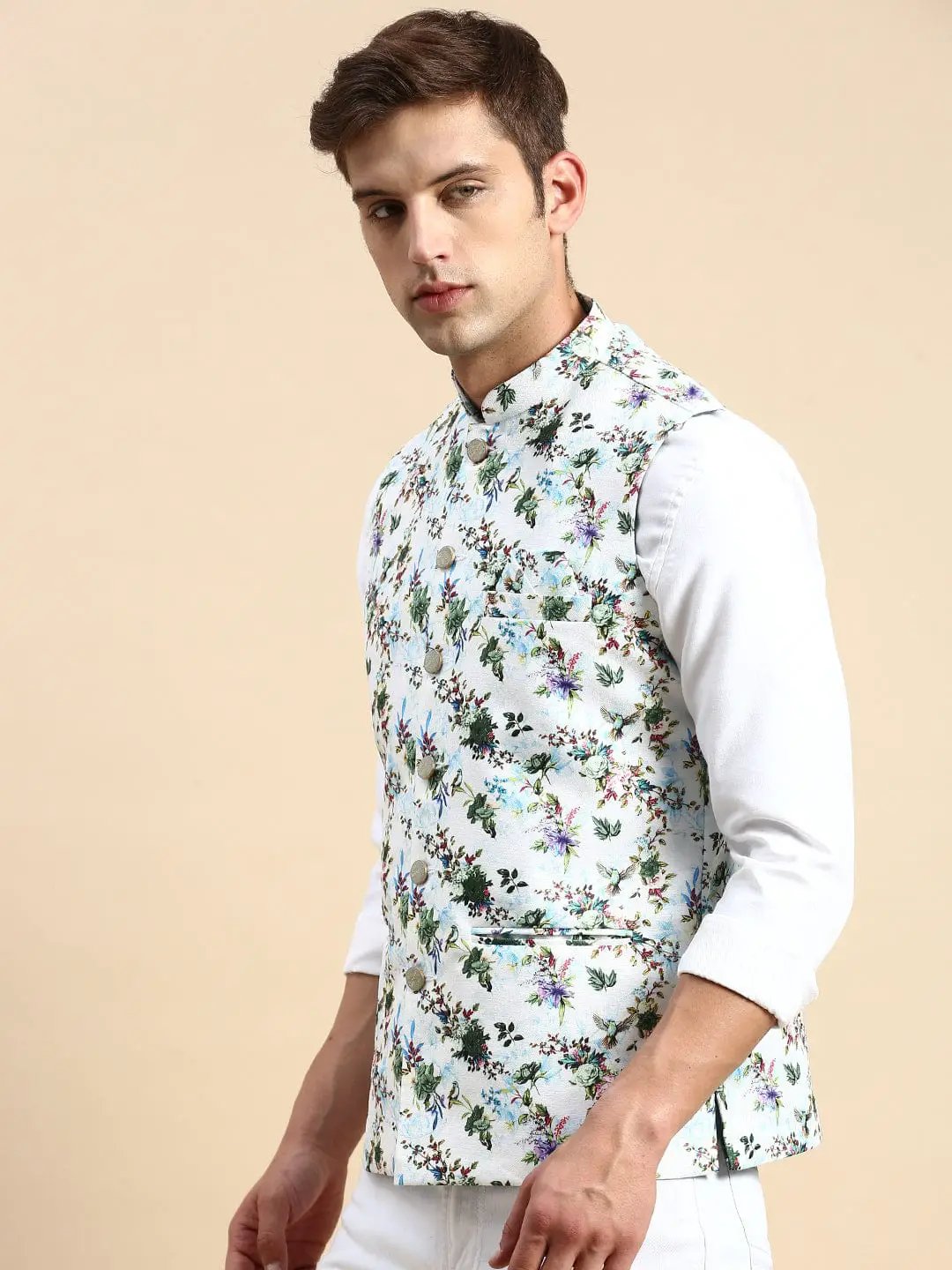 Men's Mandarin Collar Printed Multi Nehru Jacket