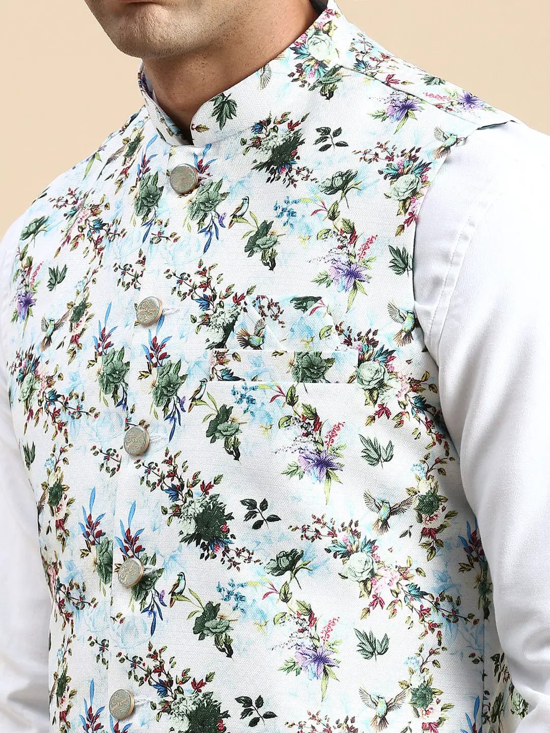 Men's Mandarin Collar Printed Multi Nehru Jacket