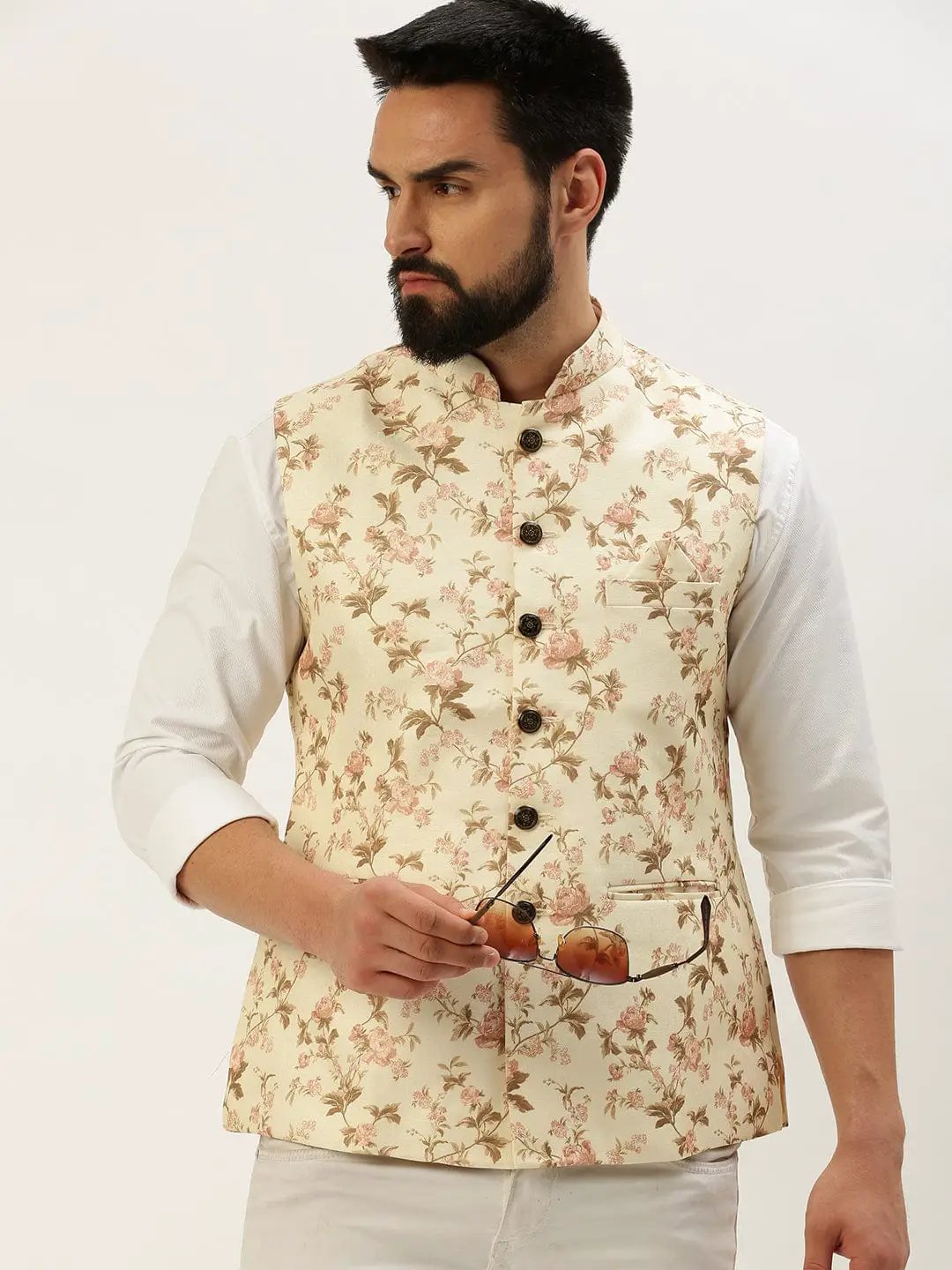 Men's Mandarin Collar Printed Cream Nehru Jacket