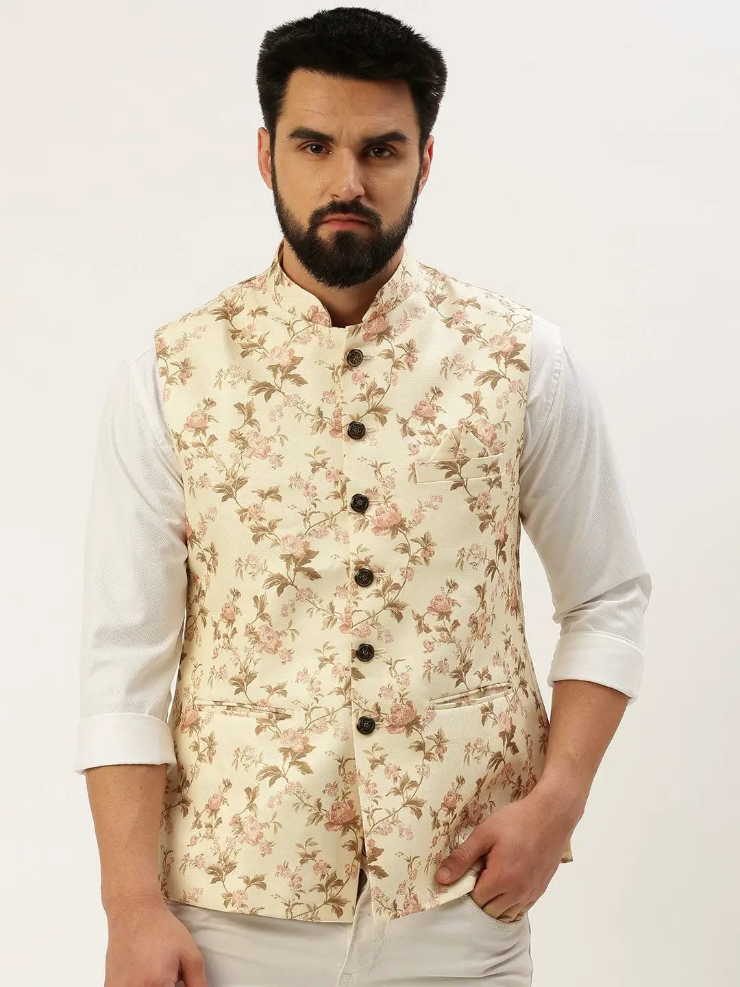 Men's Mandarin Collar Printed Cream Nehru Jacket
