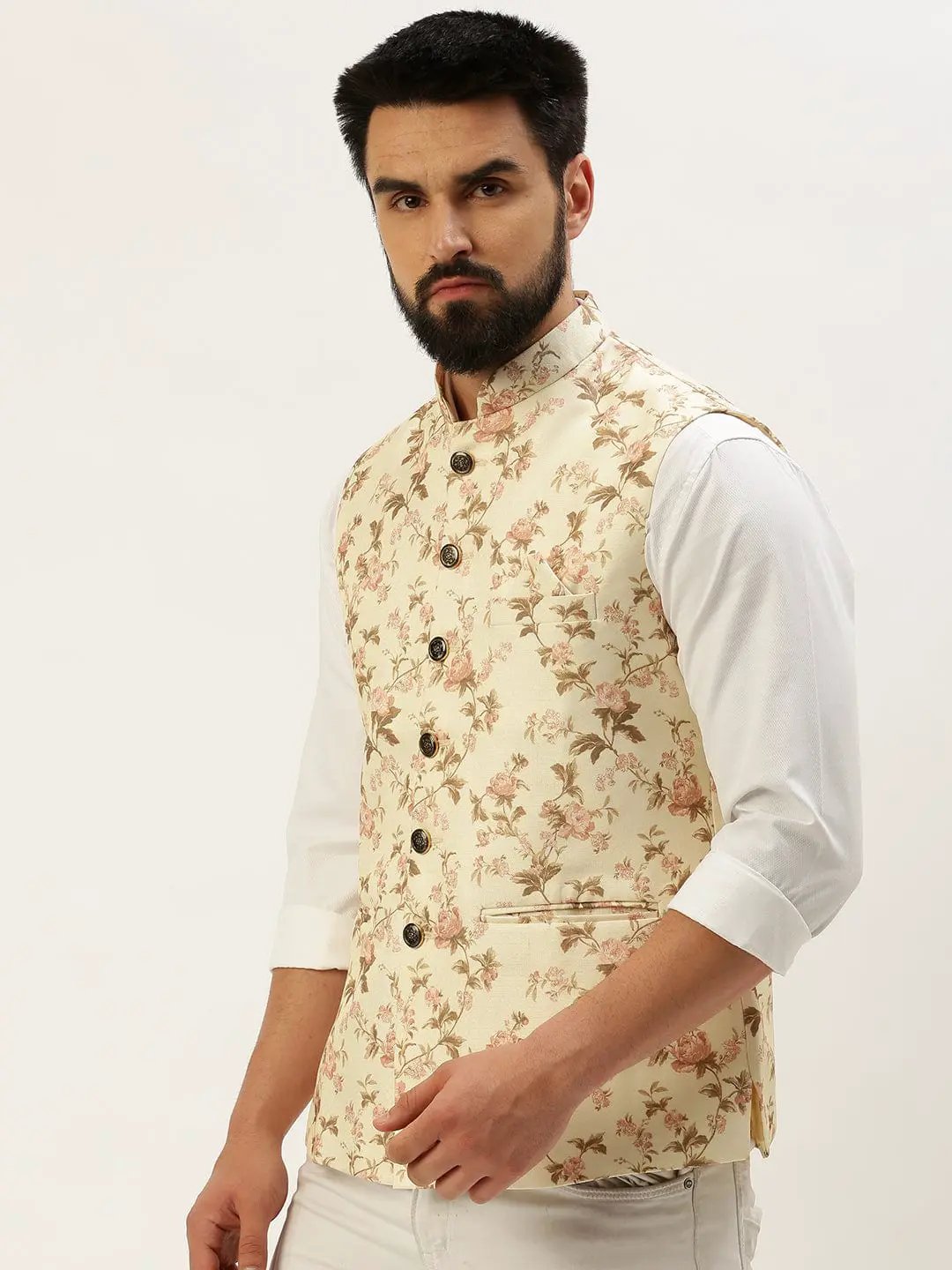 Men's Mandarin Collar Printed Cream Nehru Jacket