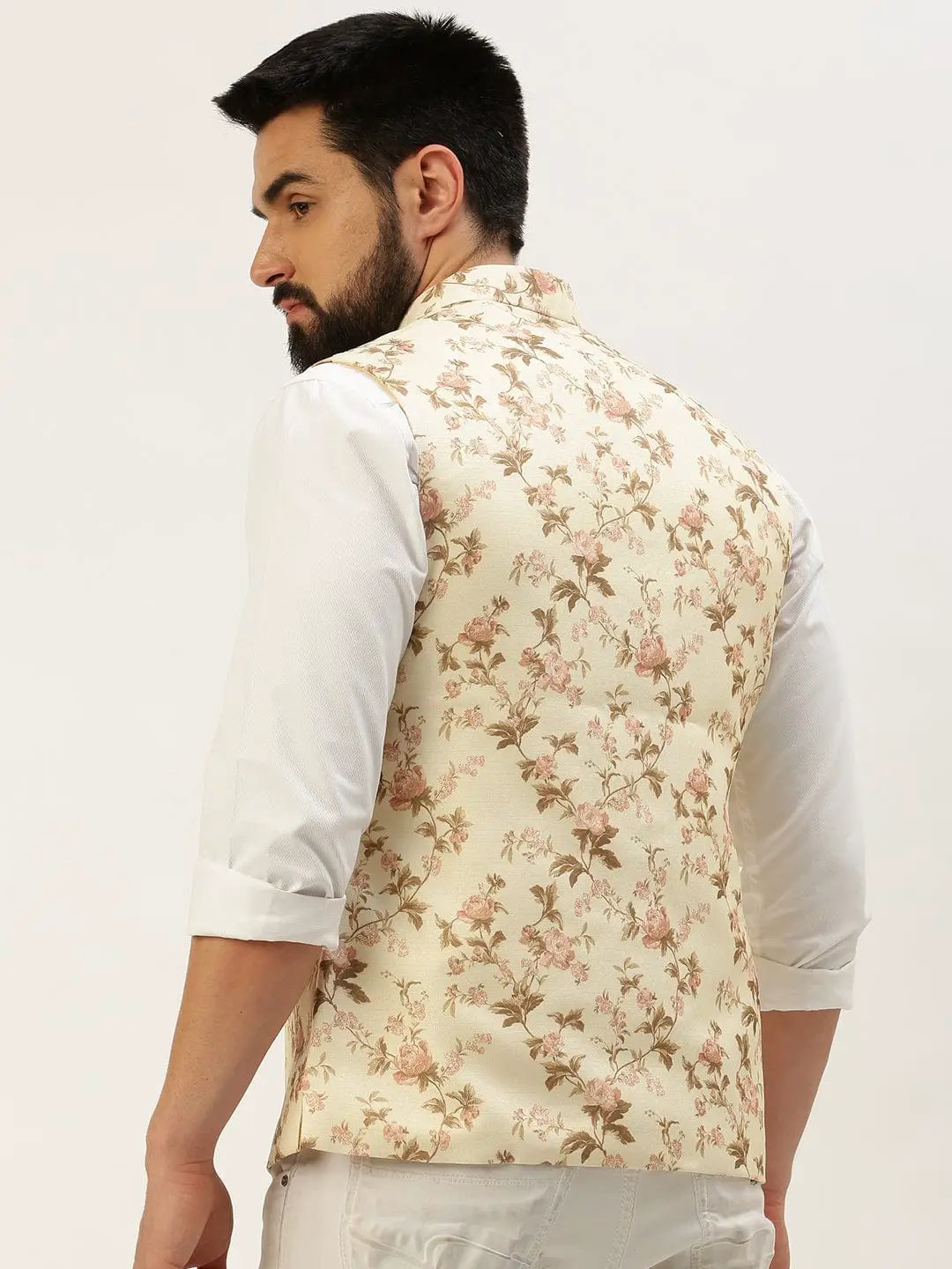 Men's Mandarin Collar Printed Cream Nehru Jacket