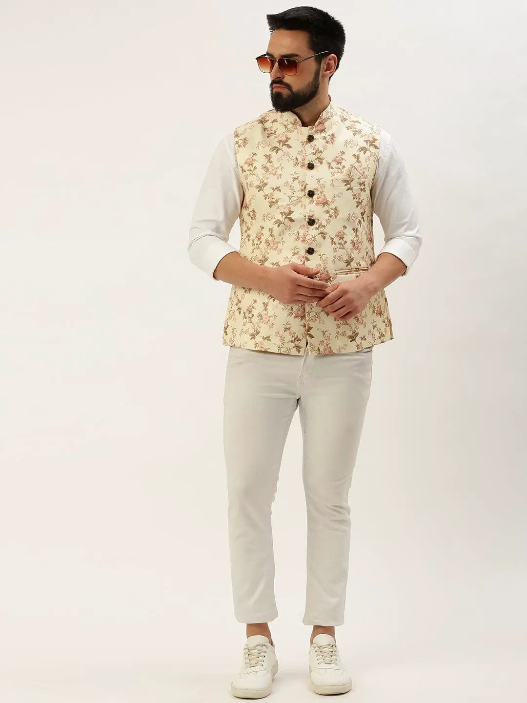 Men's Mandarin Collar Printed Cream Nehru Jacket