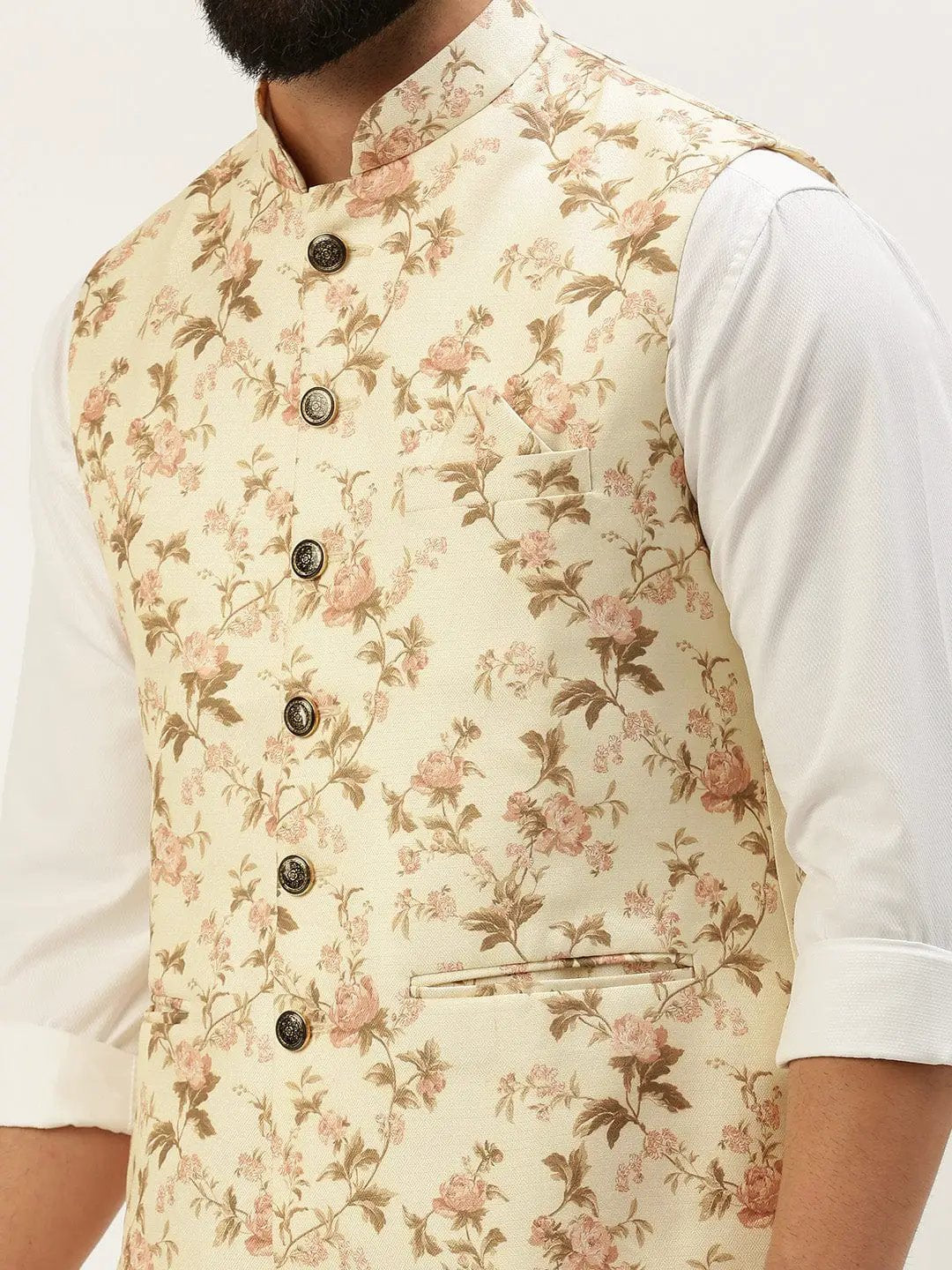 Men's Mandarin Collar Printed Cream Nehru Jacket