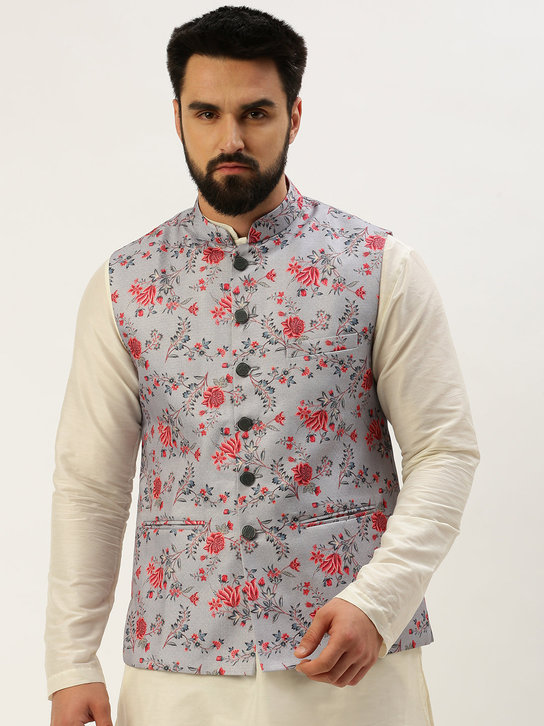 Men's Mandarin Collar Printed Grey Nehru Jacket