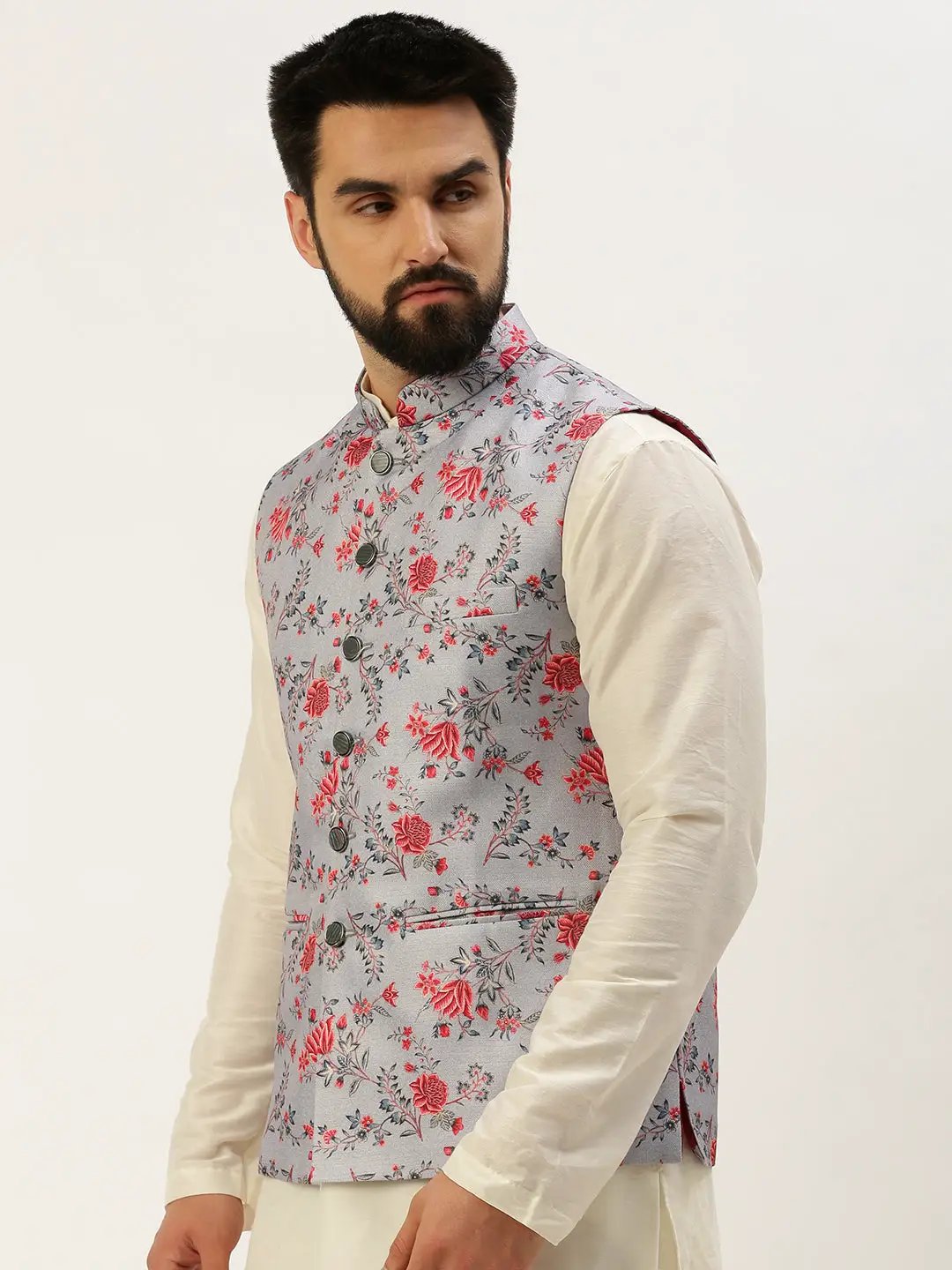 Men's Mandarin Collar Printed Grey Nehru Jacket - from SHOWOFFFF
