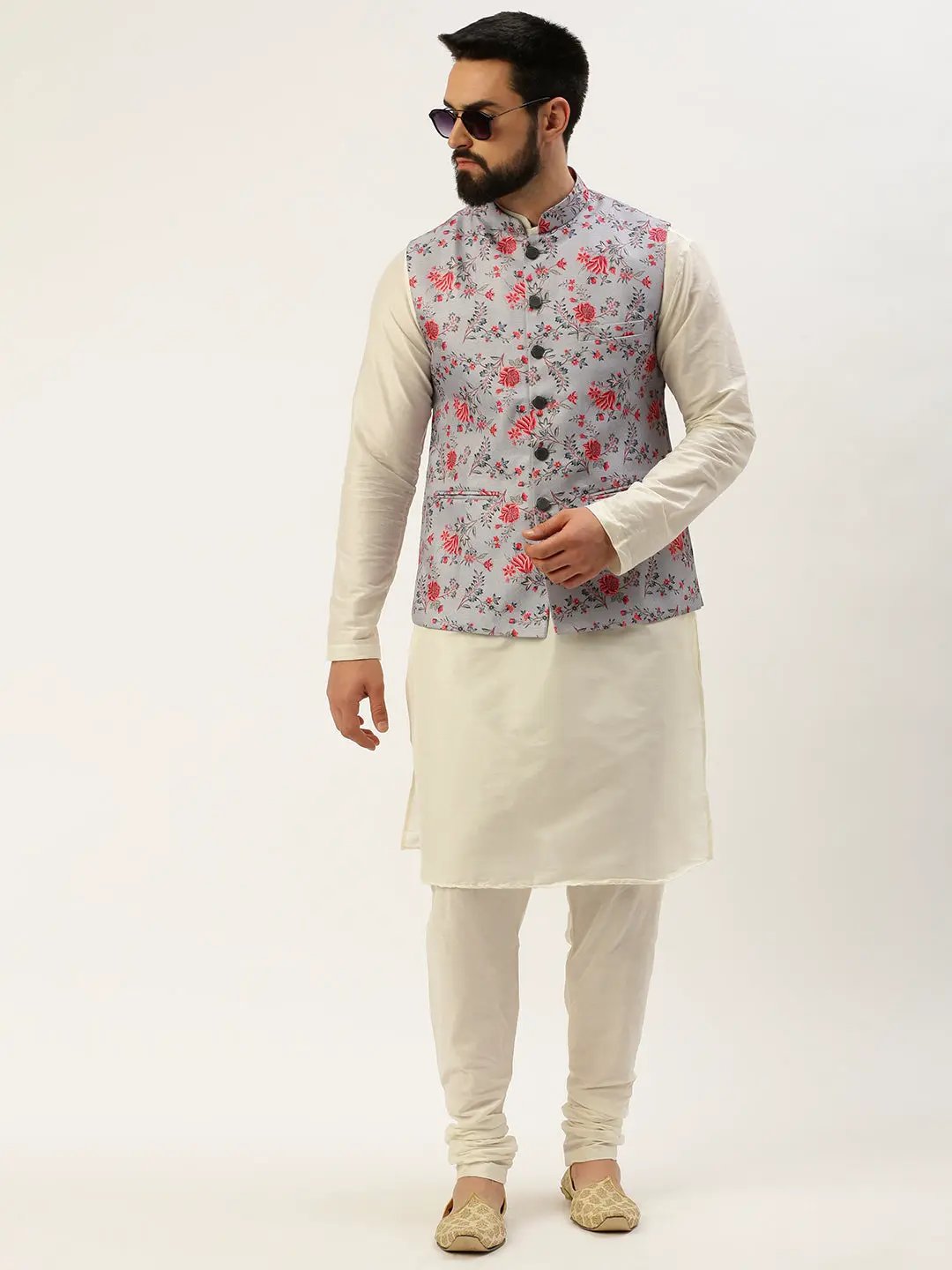 Men's Mandarin Collar Printed Grey Nehru Jacket - from SHOWOFFFF