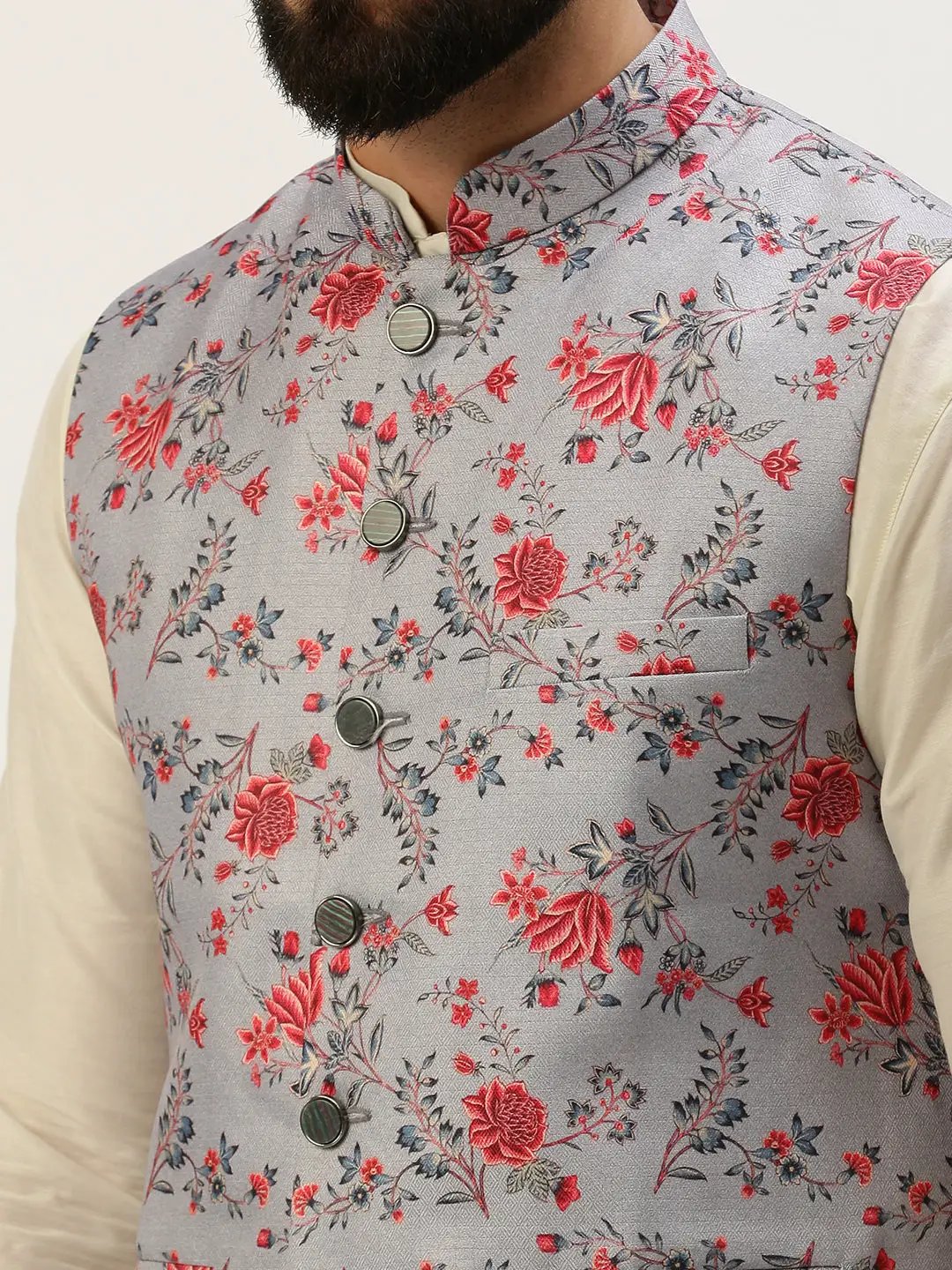 Men's Mandarin Collar Printed Grey Nehru Jacket - from SHOWOFFFF