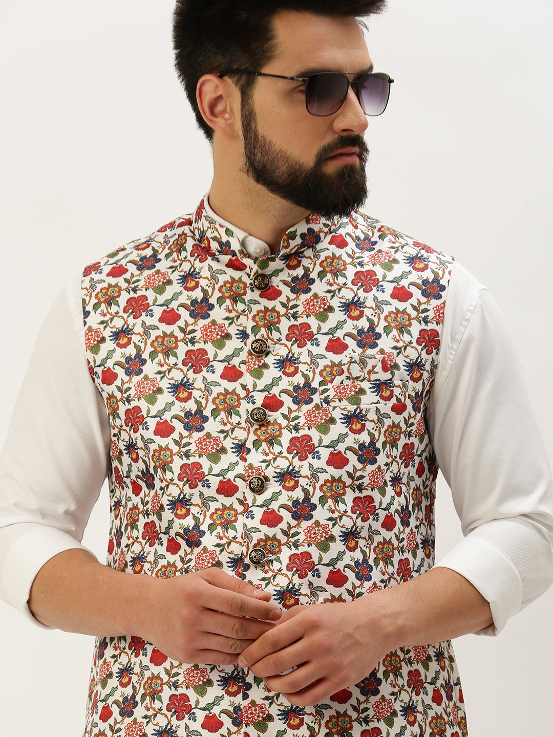 Men Mandarin Collar Printed White Nehru Jacket