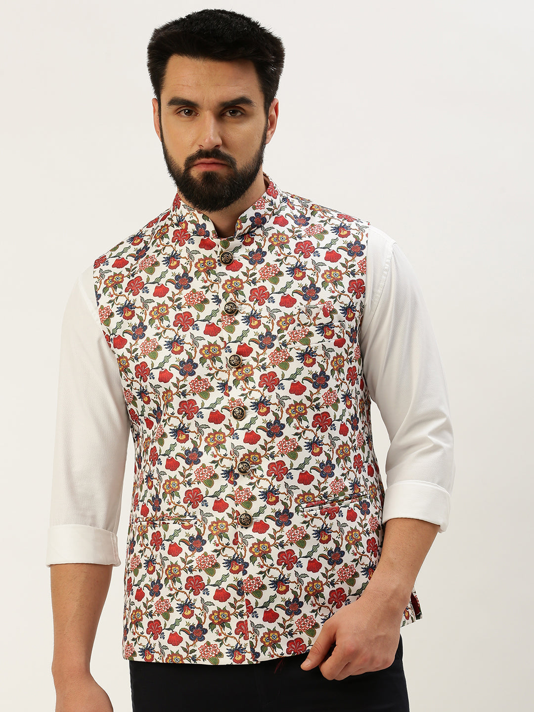 Men Mandarin Collar Printed White Nehru Jacket