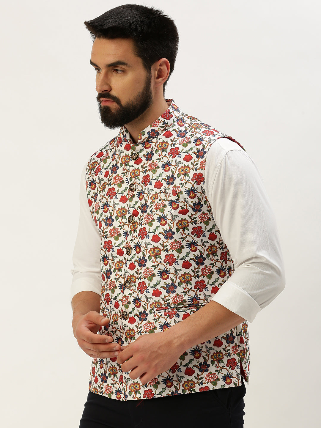 Men Mandarin Collar Printed White Nehru Jacket