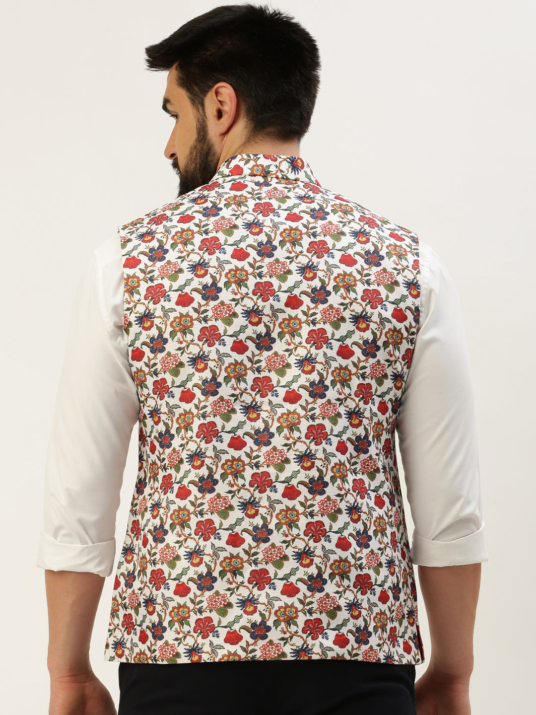 Men Mandarin Collar Printed White Nehru Jacket