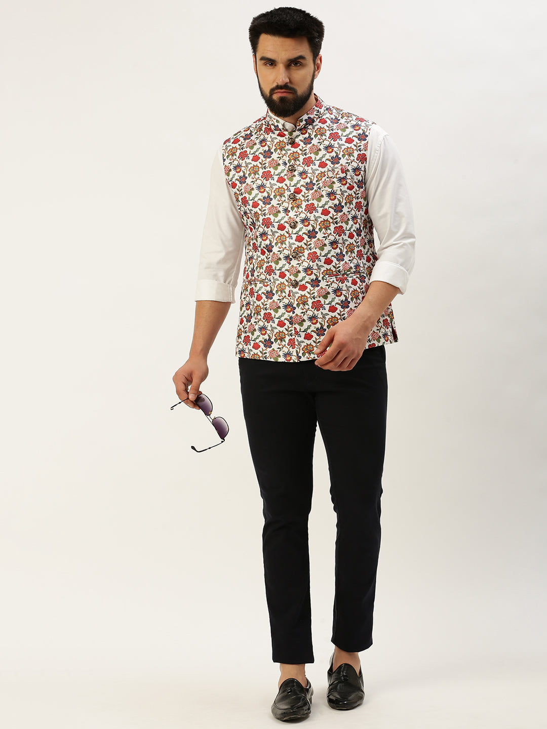 Men Mandarin Collar Printed White Nehru Jacket