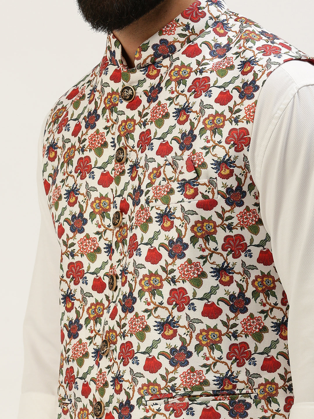 Men Mandarin Collar Printed White Nehru Jacket