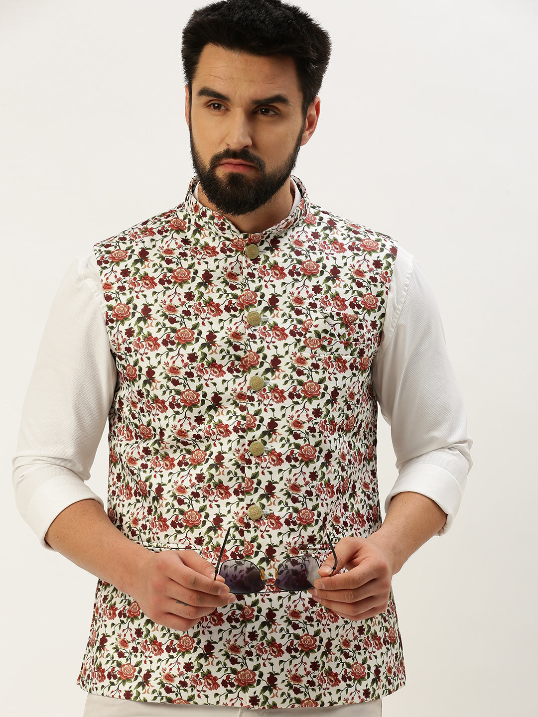 Men Mandarin Collar Printed White Nehru Jacket