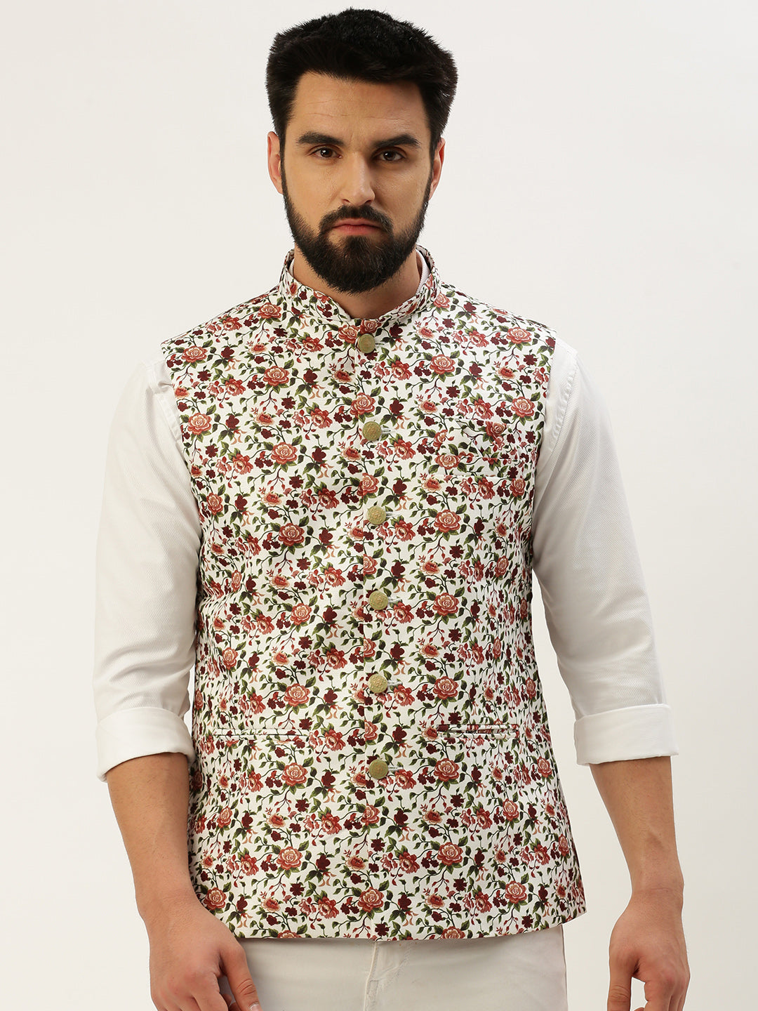 Men Mandarin Collar Printed White Nehru Jacket