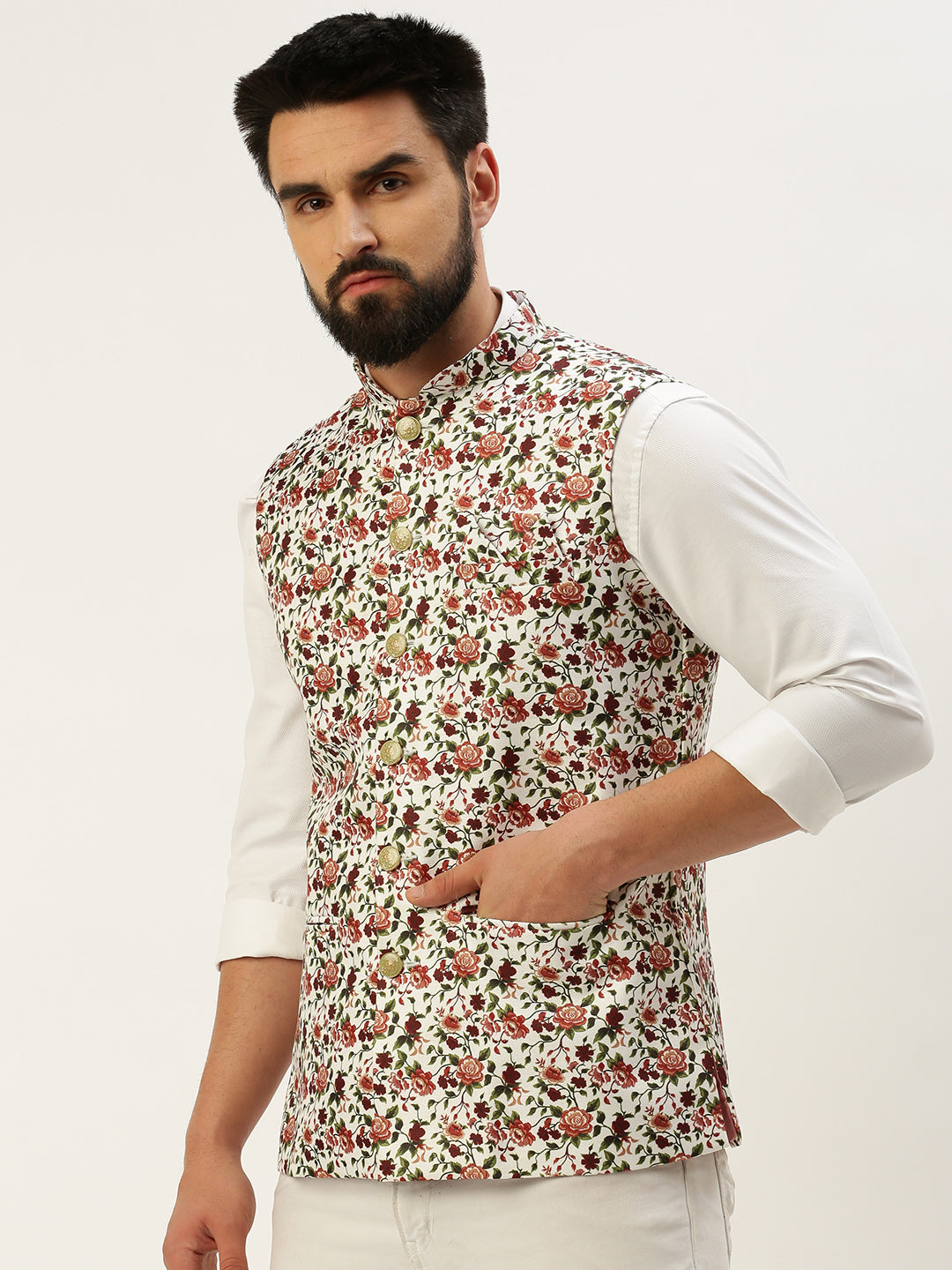 Men Mandarin Collar Printed White Nehru Jacket