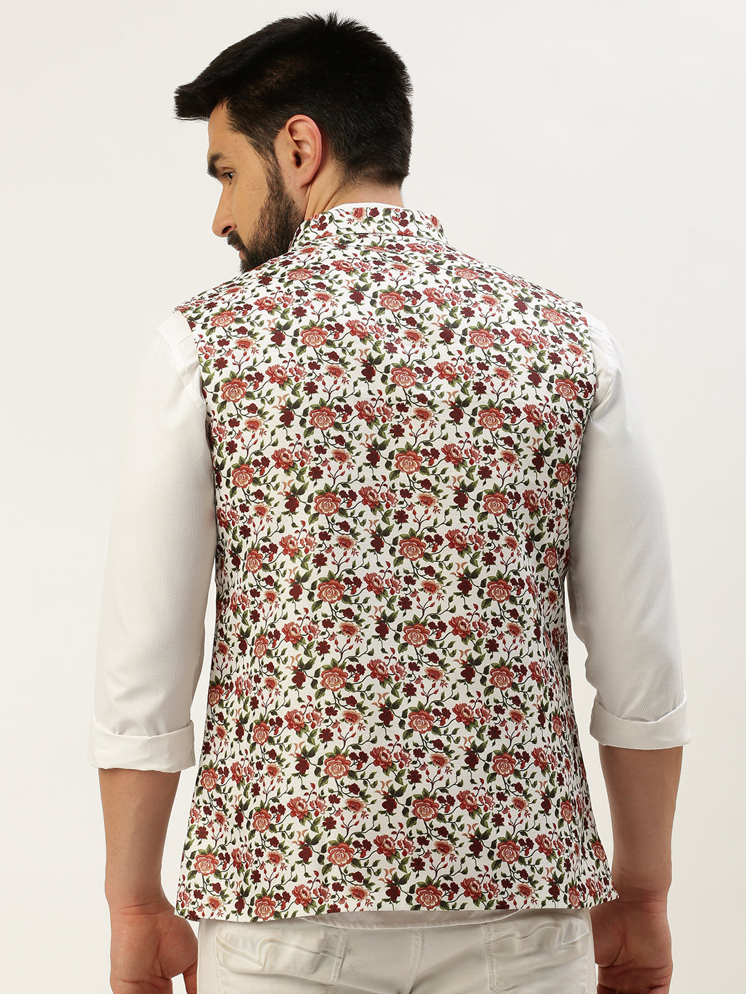 Men Mandarin Collar Printed White Nehru Jacket