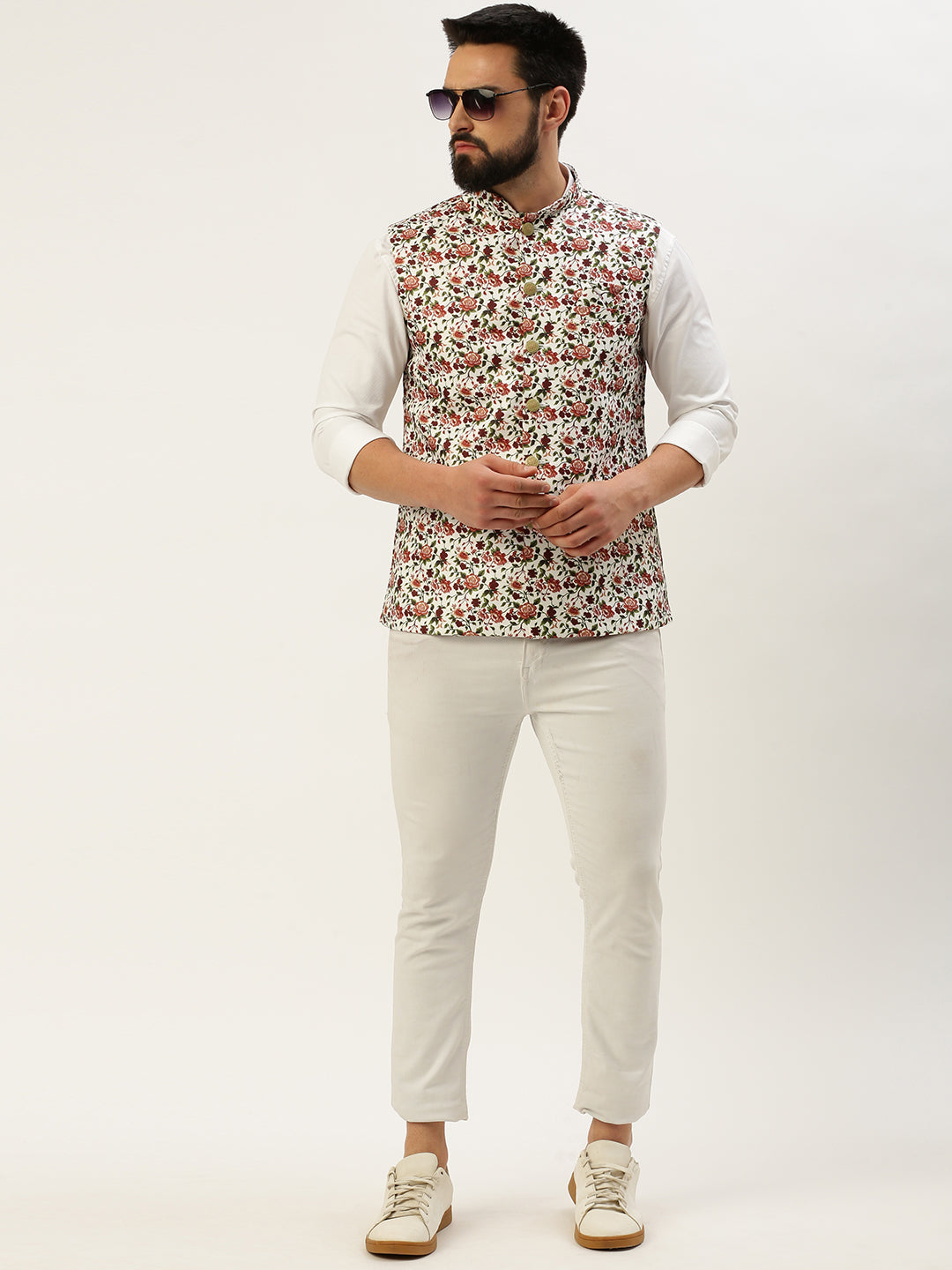 Men Mandarin Collar Printed White Nehru Jacket