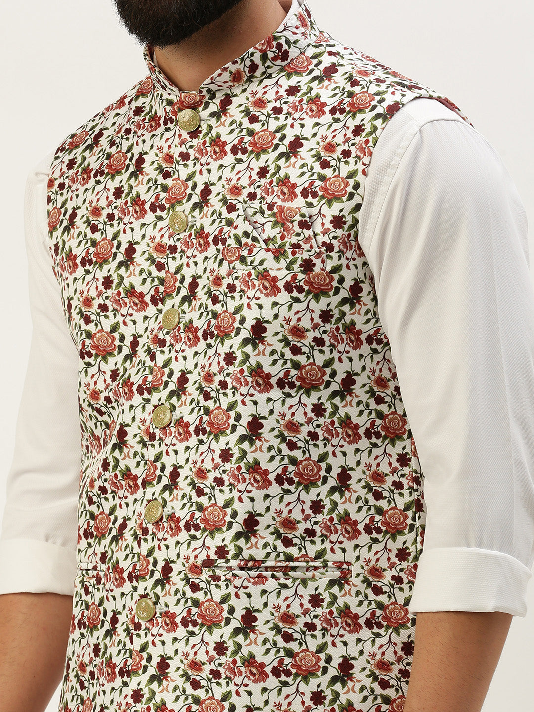 Men Mandarin Collar Printed White Nehru Jacket