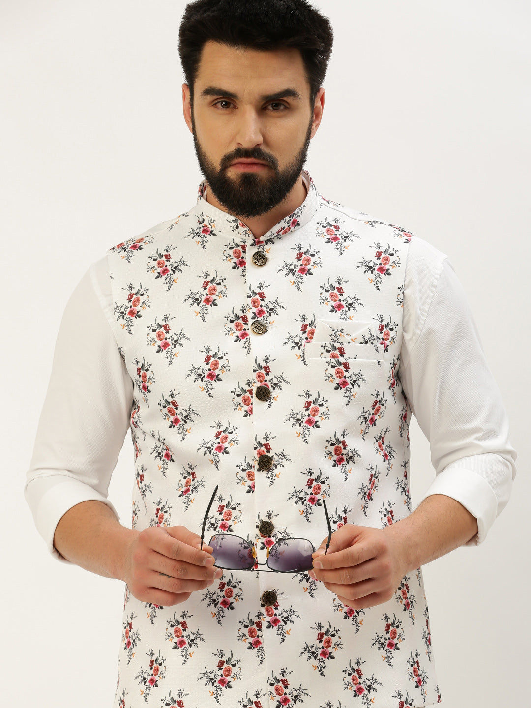 Men Mandarin Collar Printed White Nehru Jacket