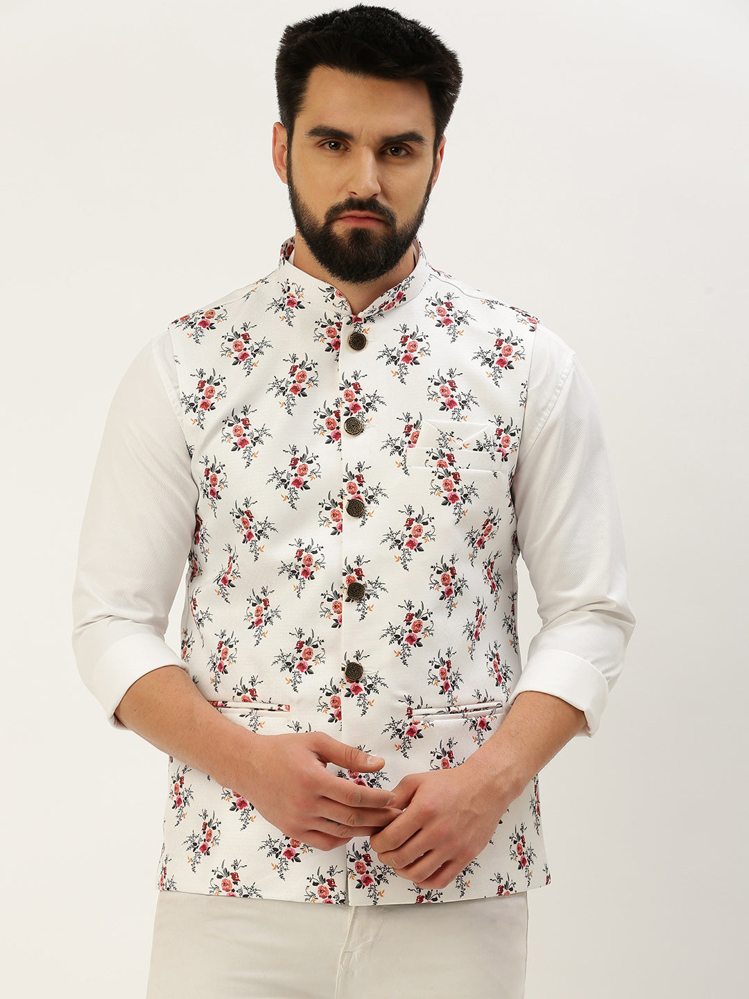 Men Mandarin Collar Printed White Nehru Jacket