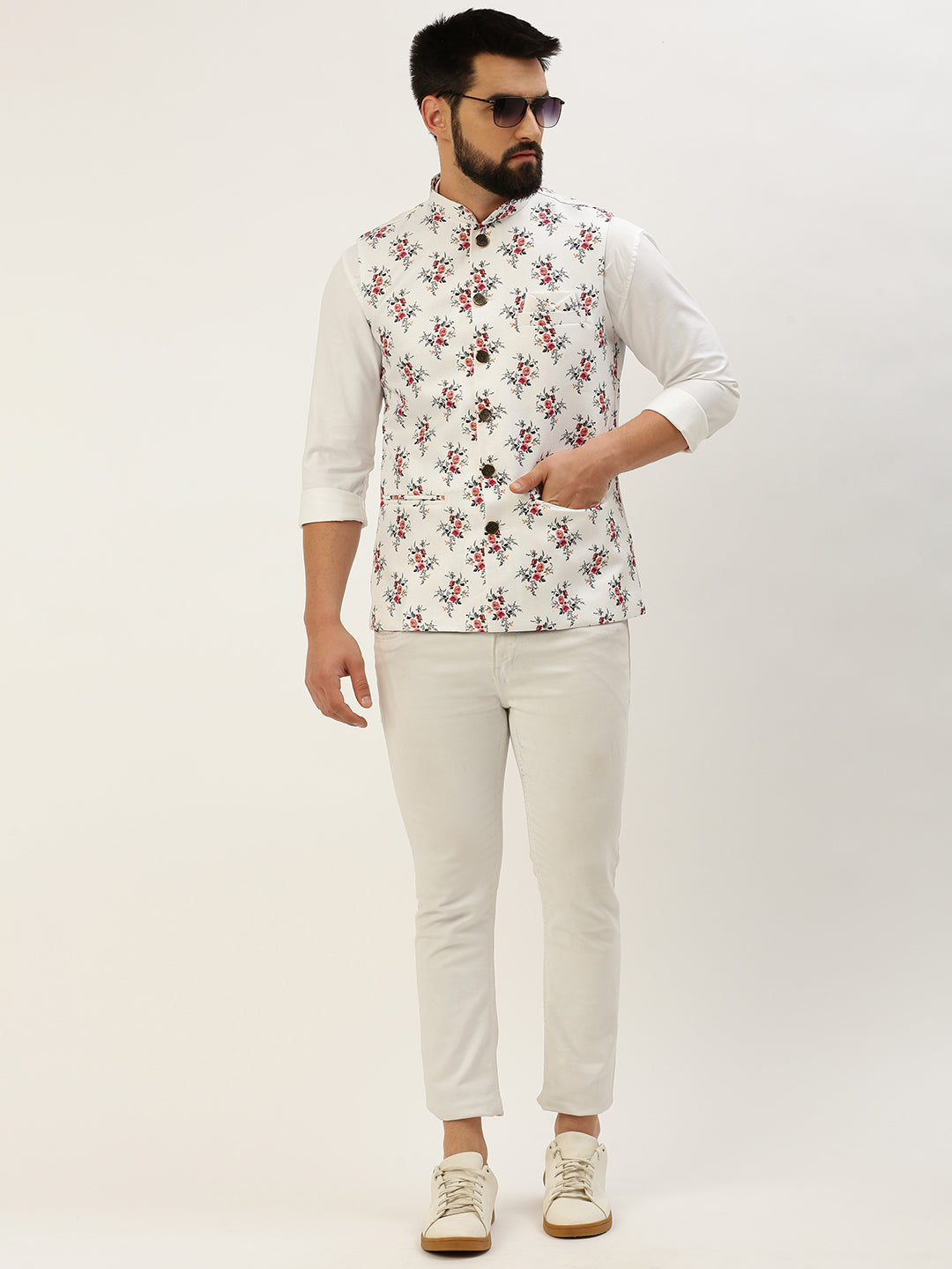 Men Mandarin Collar Printed White Nehru Jacket