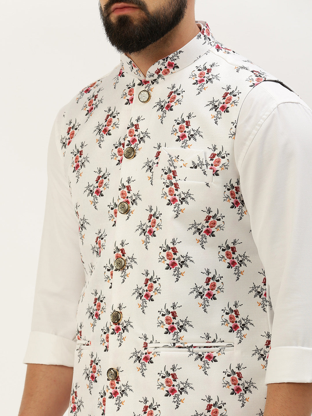 Men Mandarin Collar Printed White Nehru Jacket